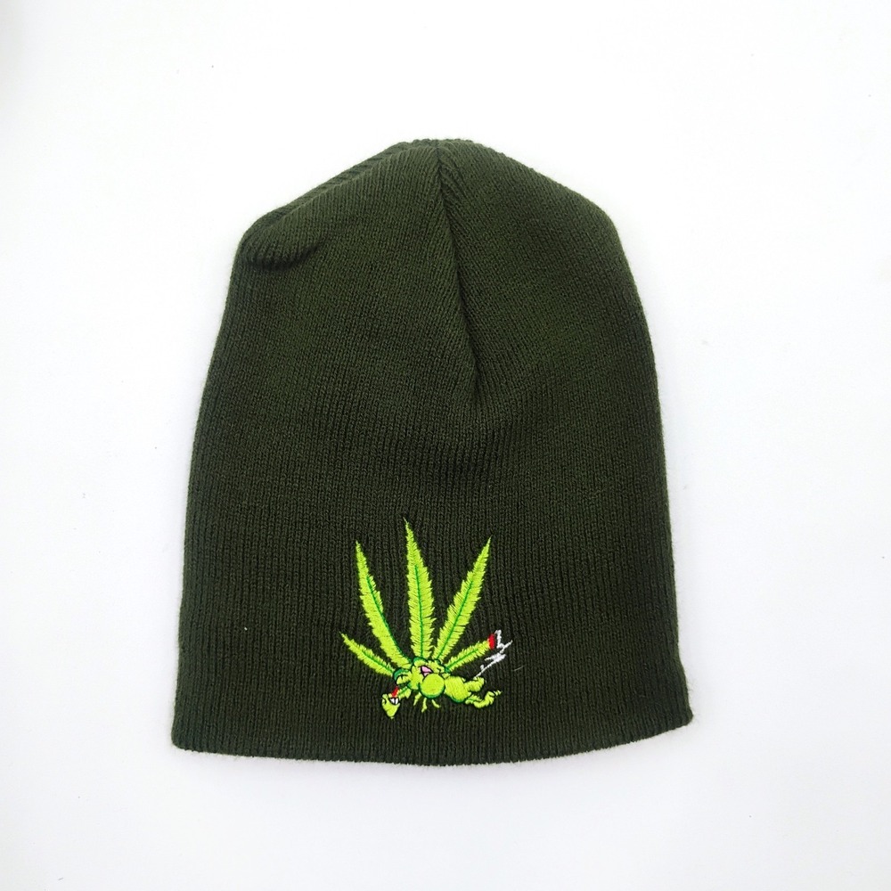 THC Clothing Weed Leaf Green Knit Beanie Hat Embroidered Winter Vintage 90's NOS
